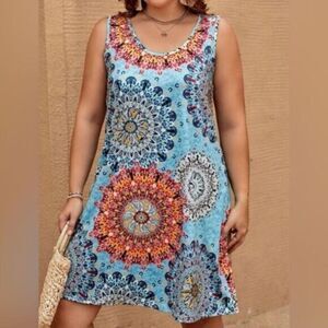 NWT Plus Size Blue Mandala Print Tank Summer Midi Dress - Size 3XL
